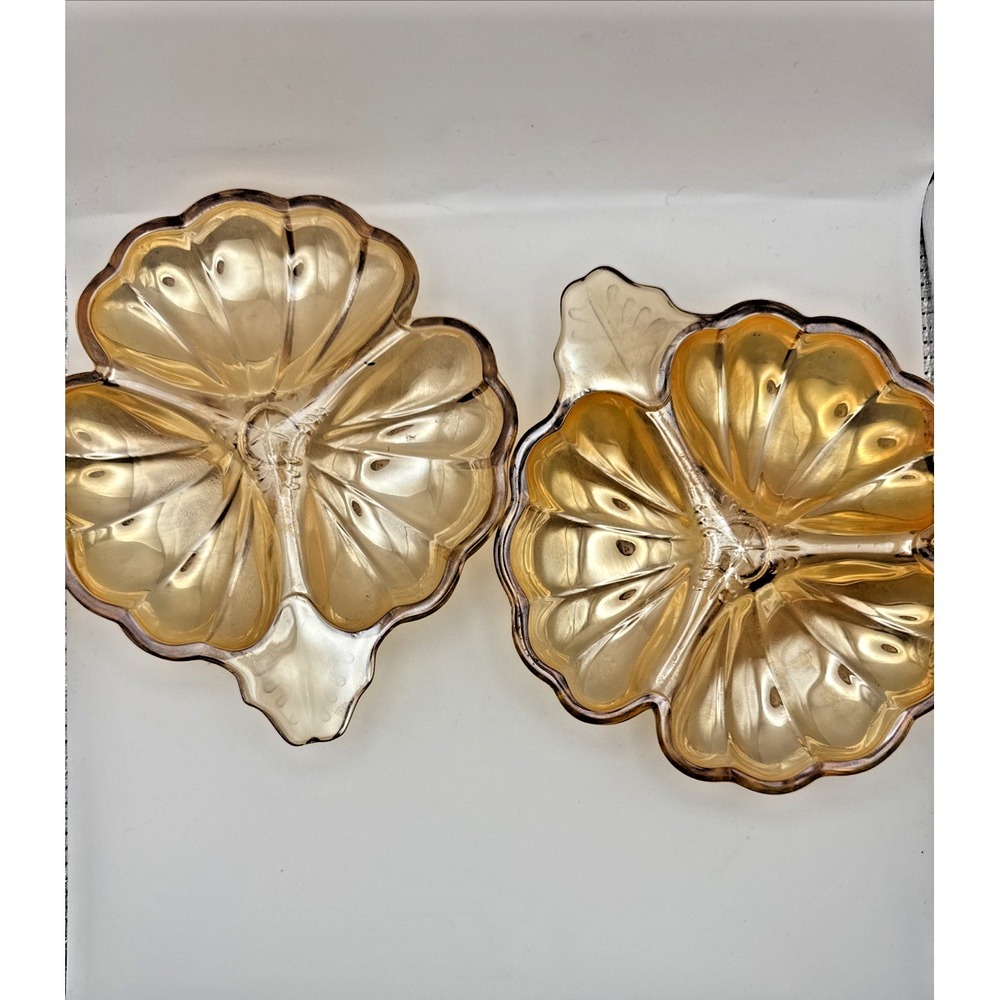 Vintage Jeanette Marigold Carnival Glass 3 Leaf Clover Shaped Candy‎ Dish Set 2